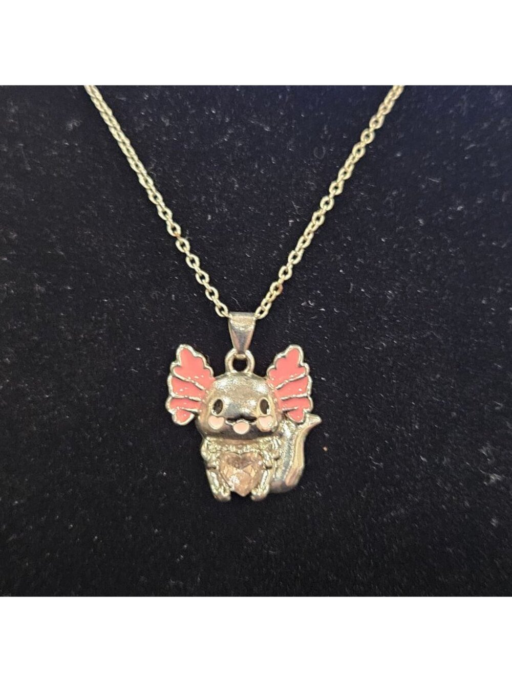 Cute Axolotl Necklace With Pink Enamel and Heart Gem Pendant - 19" Silver Chain